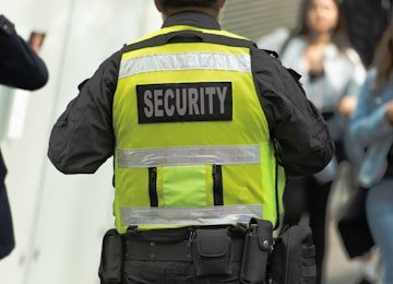 Uniformed security officer on night patrol providing theft protection for business premises